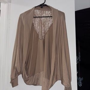 Lena Tan Cardigan with Lace Accent